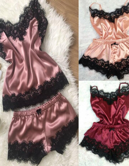 2020 New Women Bow Sleepwear Sleeveless Strap Nightwear Lace Trim Satin Cami Top Pajama Sets femme sexy lingerie pyjamas women