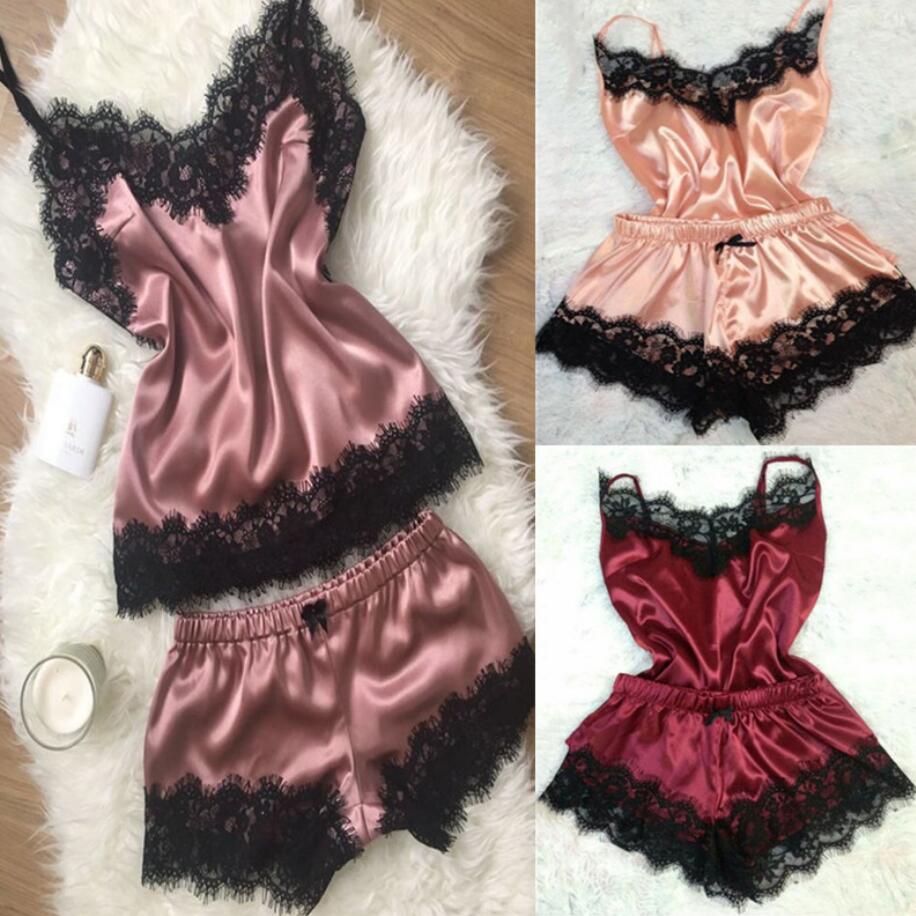 2020 New Women Bow Sleepwear Sleeveless Strap Nightwear Lace Trim Satin Cami Top Pajama Sets femme sexy lingerie pyjamas women