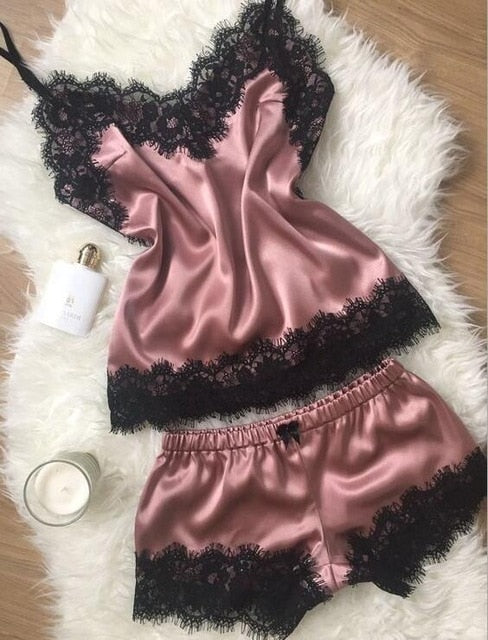 2020 New Women Bow Sleepwear Sleeveless Strap Nightwear Lace Trim Satin Cami Top Pajama Sets femme sexy lingerie pyjamas women